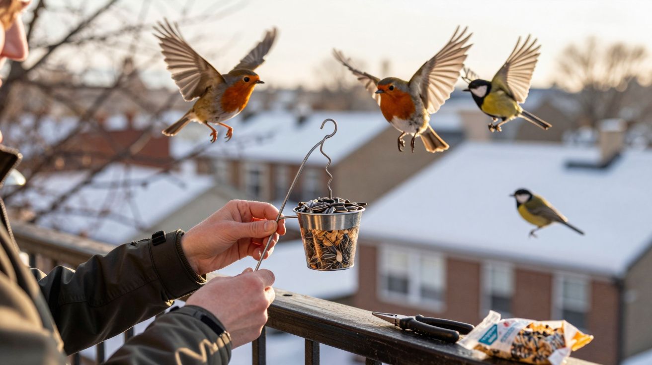 Personne nourrit des oiseaux au balcon avec un petit pot suspendu rempli de graines en hiver.