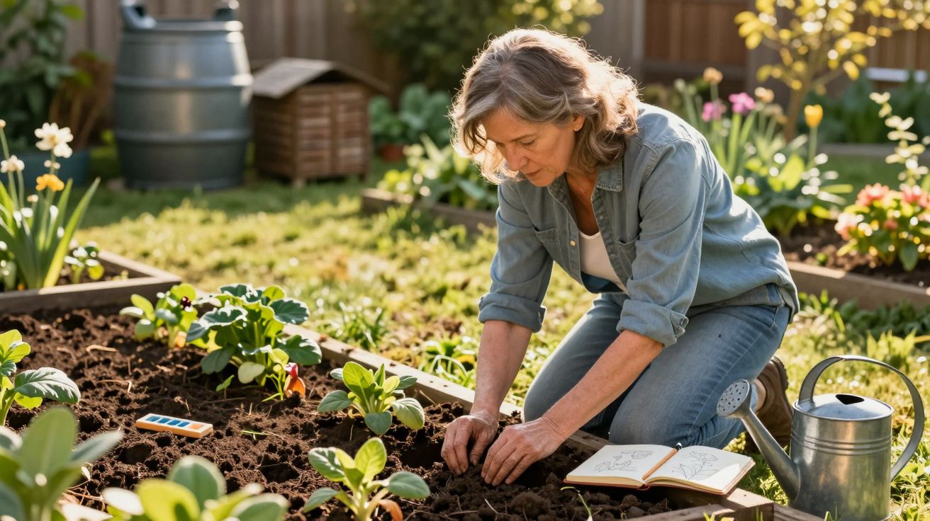 Femme jardinant dans un potager, plantant des jeunes pousses dans un carré de terre bien préparée.