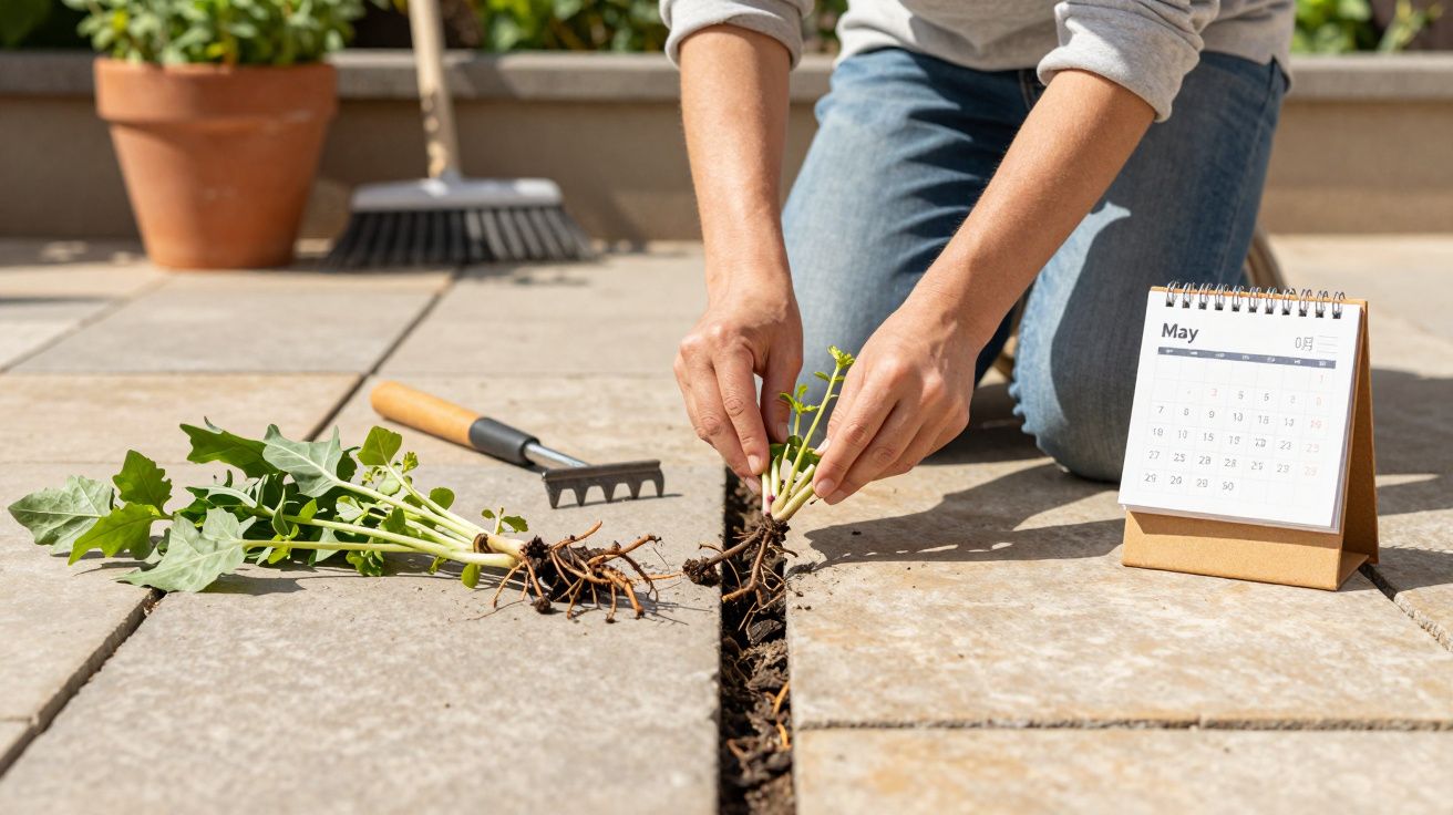 Personne plantant des jeunes plants dans une fissure entre des dalles en mai avec un râteau à côté.