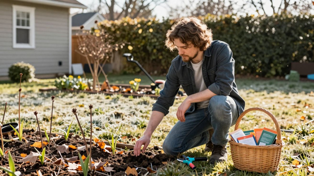 Homme jardinant dans un jardin en automne, avec panier de graines et outils à côté de lui.