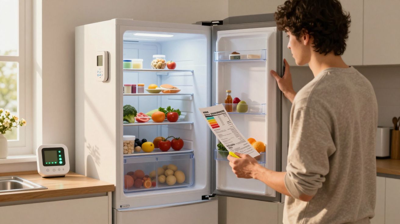 Jeune homme debout devant un réfrigérateur ouvert, lisant une étiquette énergétique dans une cuisine moderne.