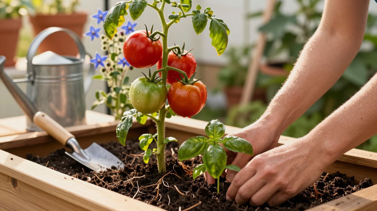 Mains plantant une jeune plante à côté d’un pied de tomates mûres dans un potager en bois.