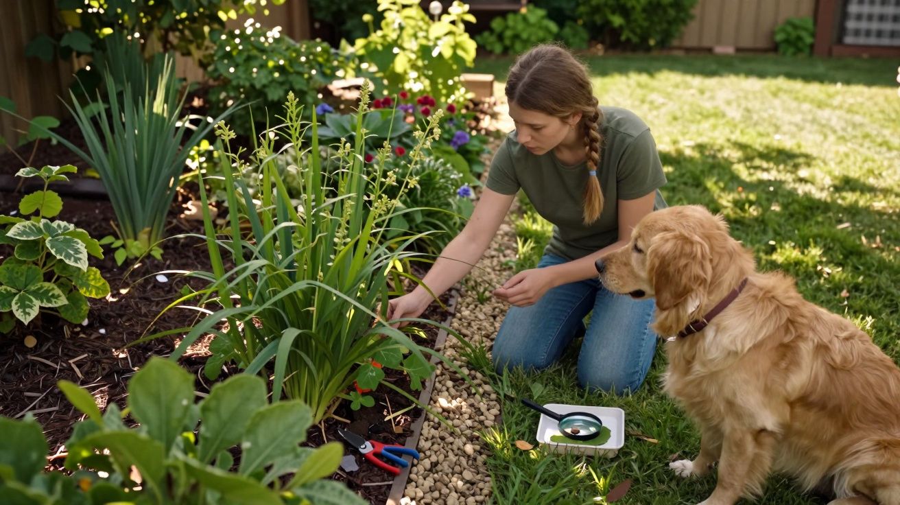 Jeune femme jardinant parmi des plantes avec un chien golden retriever assis à côté dans un jardin ensoleillé.