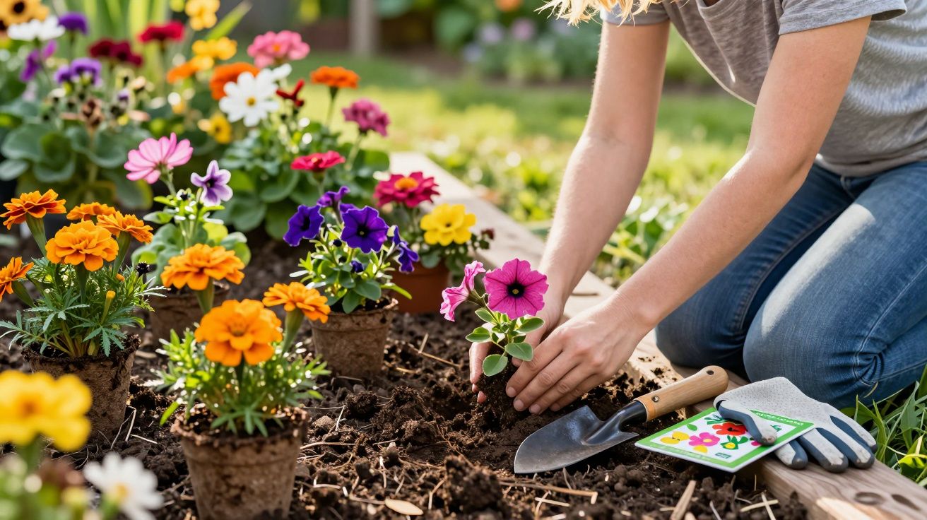 Personne plantant des fleurs colorées dans un jardin en pleine terre par une journée ensoleillée.
