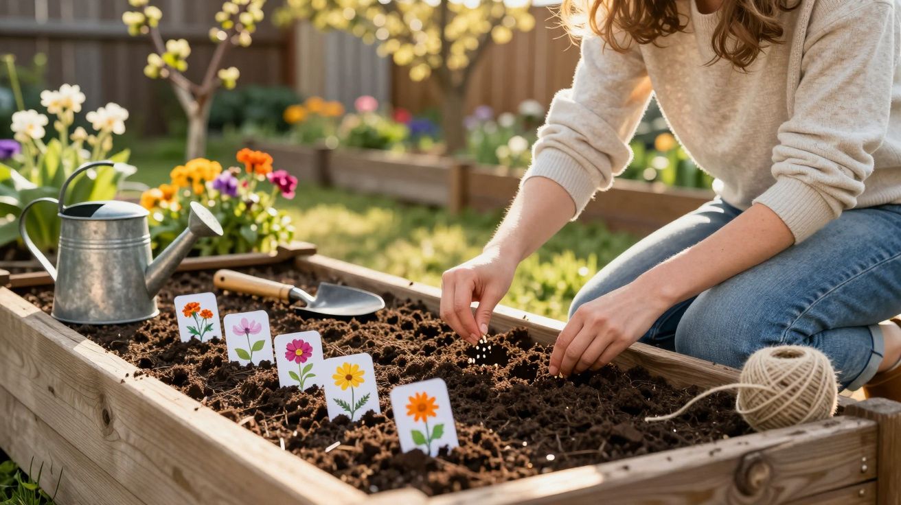 Personne en train de semer des graines dans un carré potager avec des étiquettes de fleurs colorées.