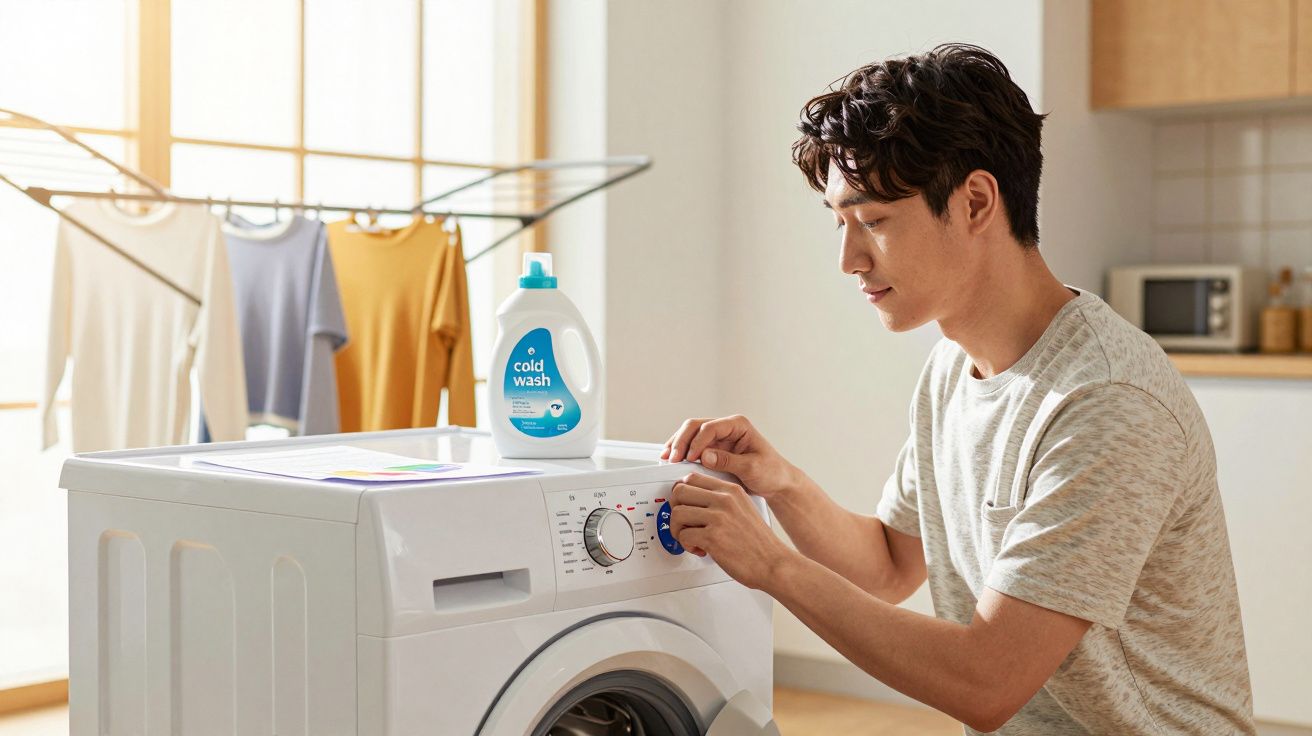 Homme réglant une machine à laver avec des vêtements suspendus en arrière-plan dans une pièce lumineuse.