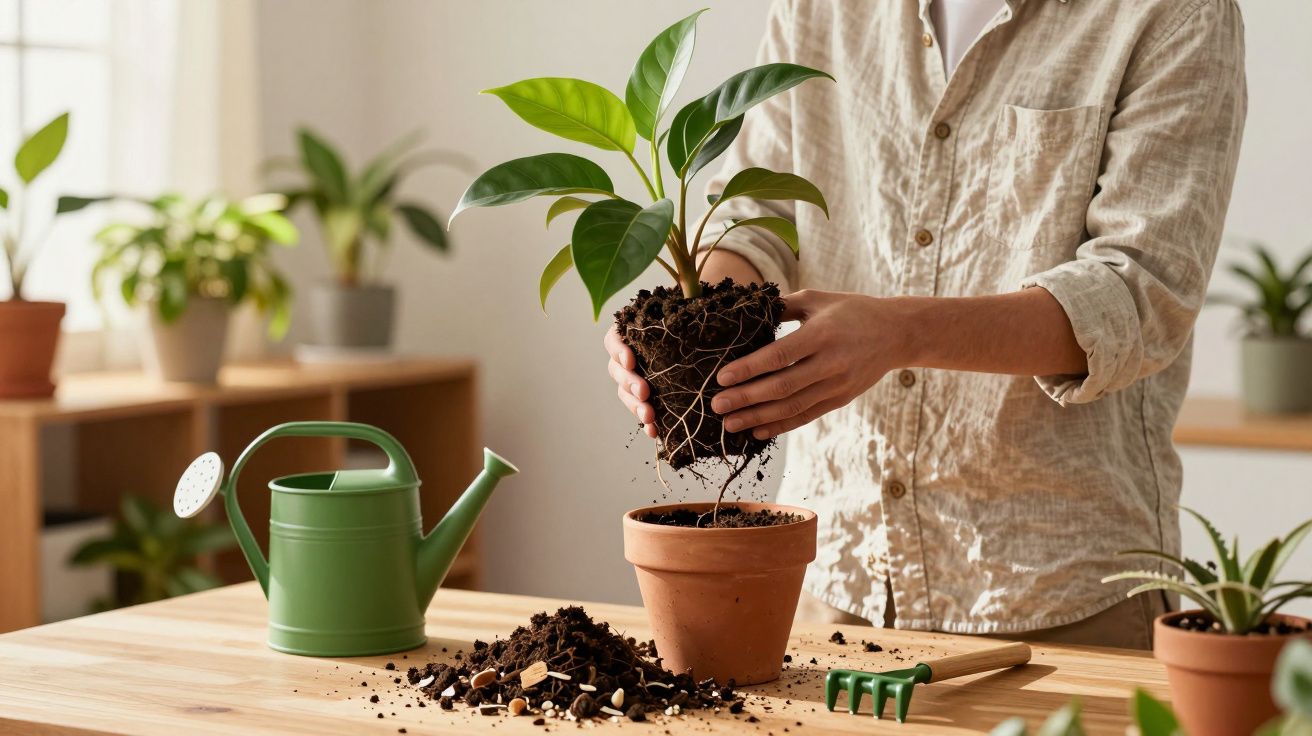 Personne en chemise beige transplantant une plante verte dans un pot en terre cuite sur une table en bois.