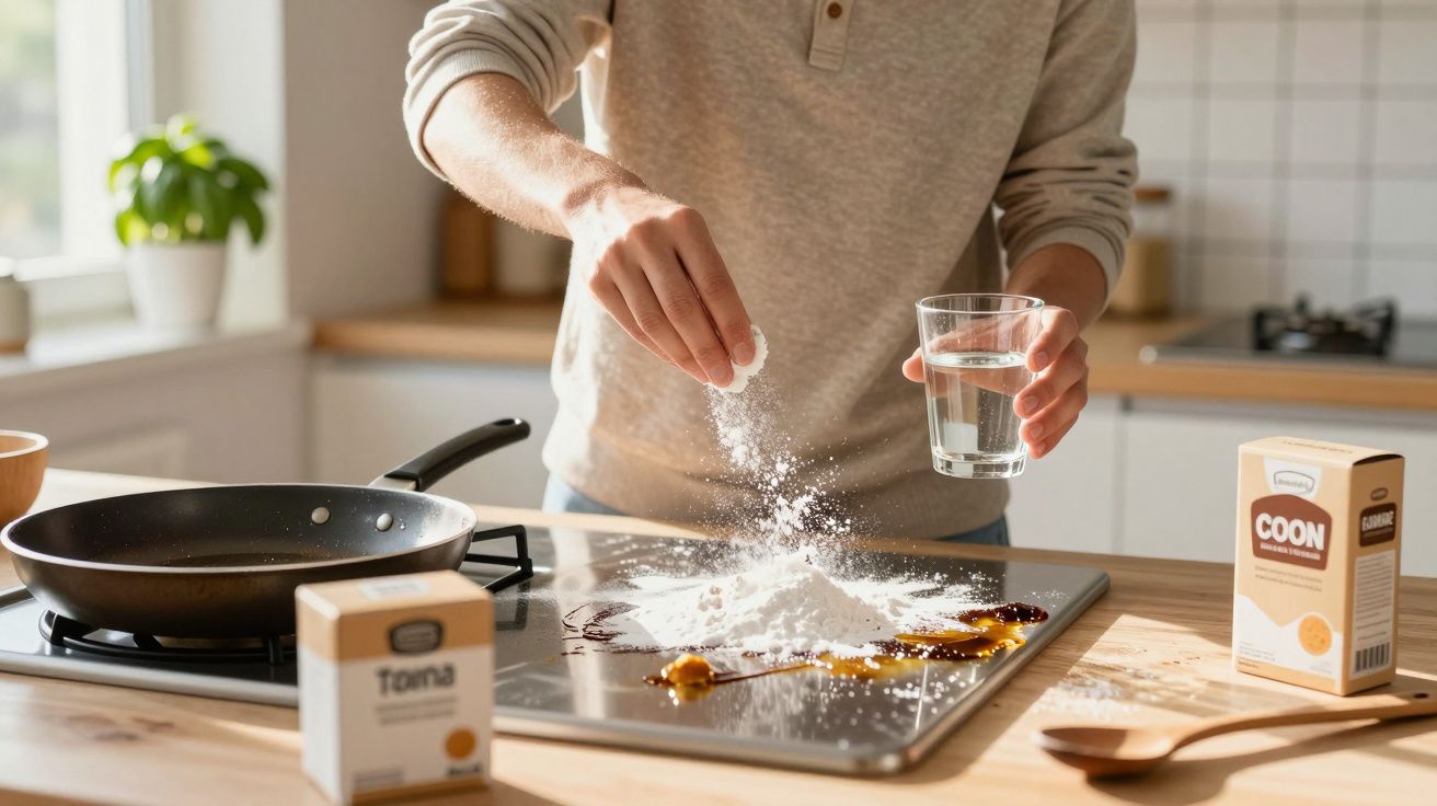 Personne saupoudrant de la farine sur une plaque avec un verre d'eau dans une cuisine lumineuse.