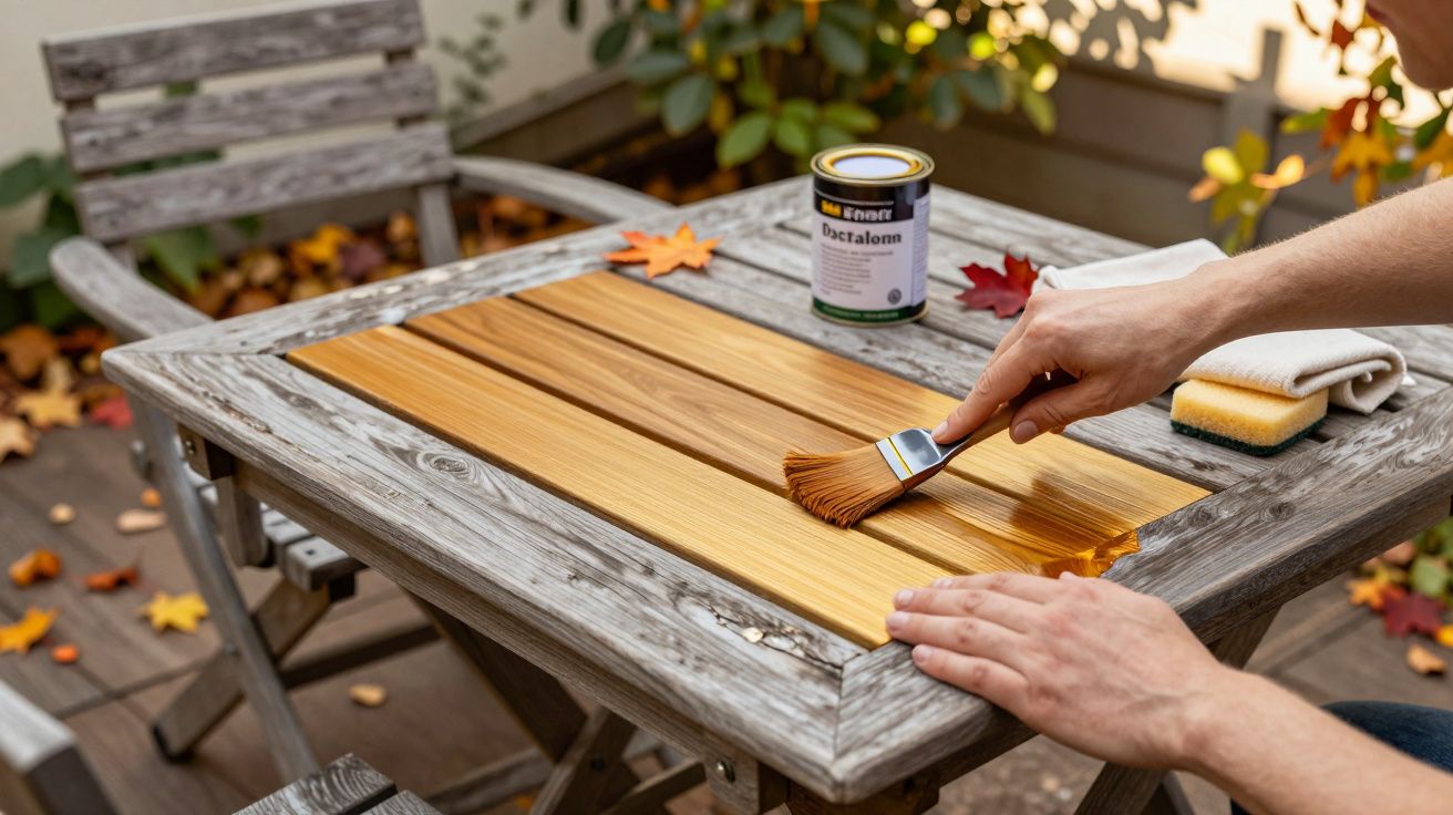 Personne appliquant une couche de vernis sur un plateau en bois clair sur une table extérieure en bois gris.