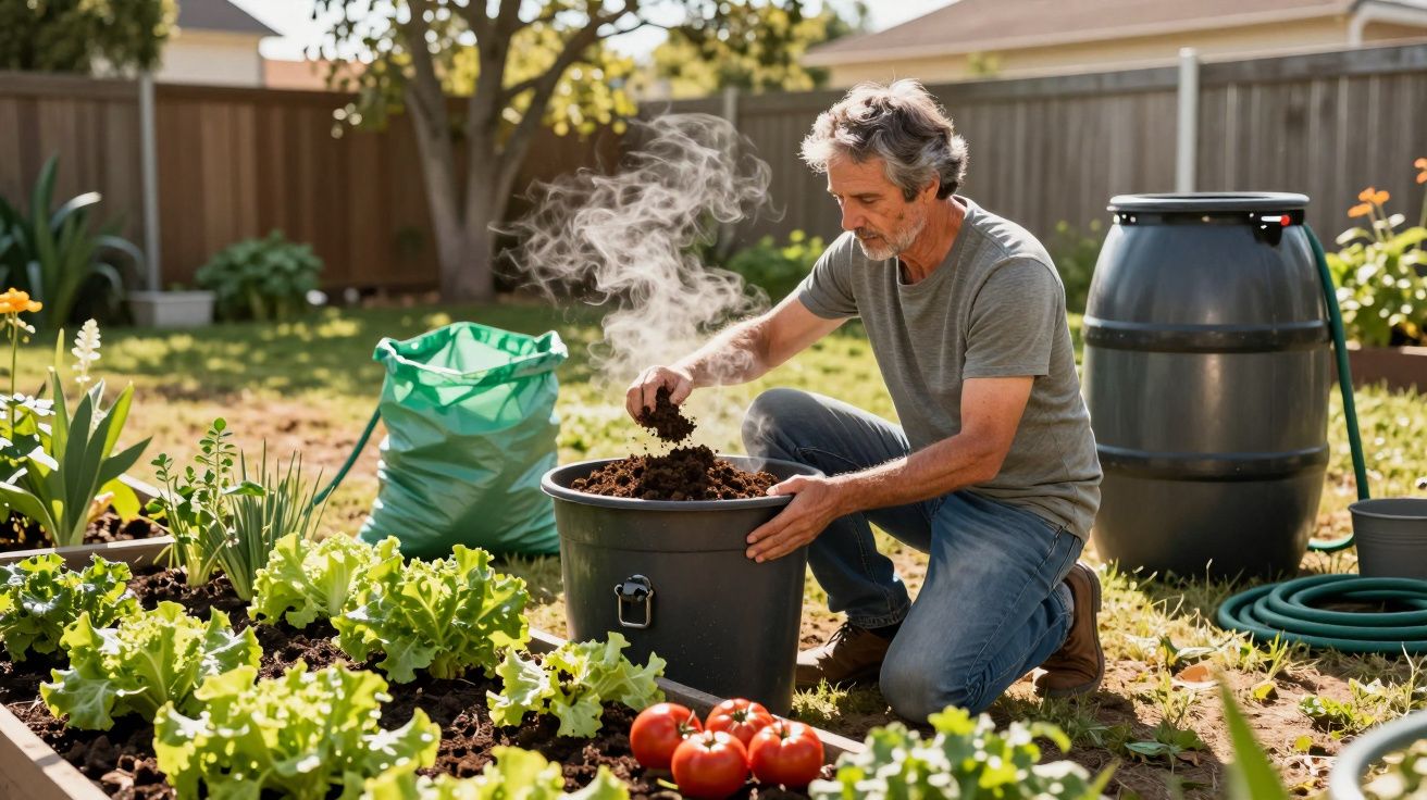 Homme jardinant avec compost fumant dans un bac, entouré de légumes et plantes vertes.