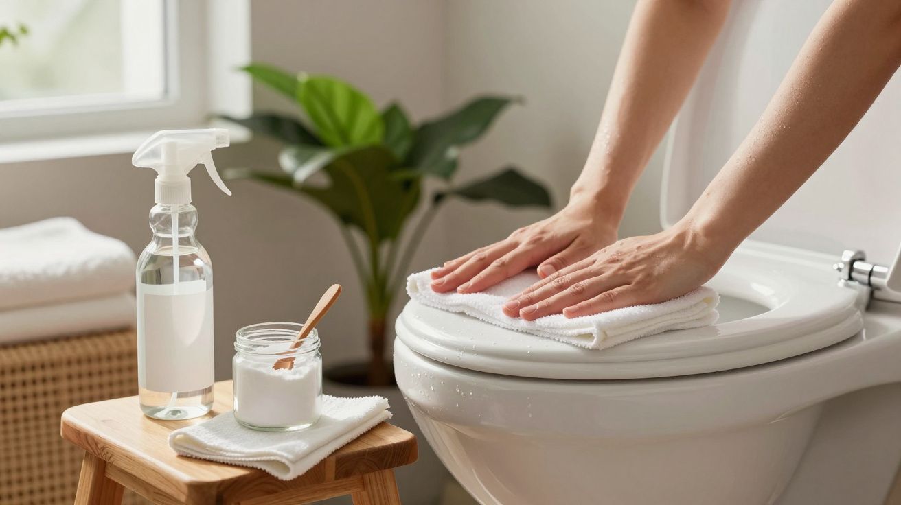 Main nettoyant le siège des toilettes avec un chiffon blanc, spray et récipient sur un tabouret en bois.