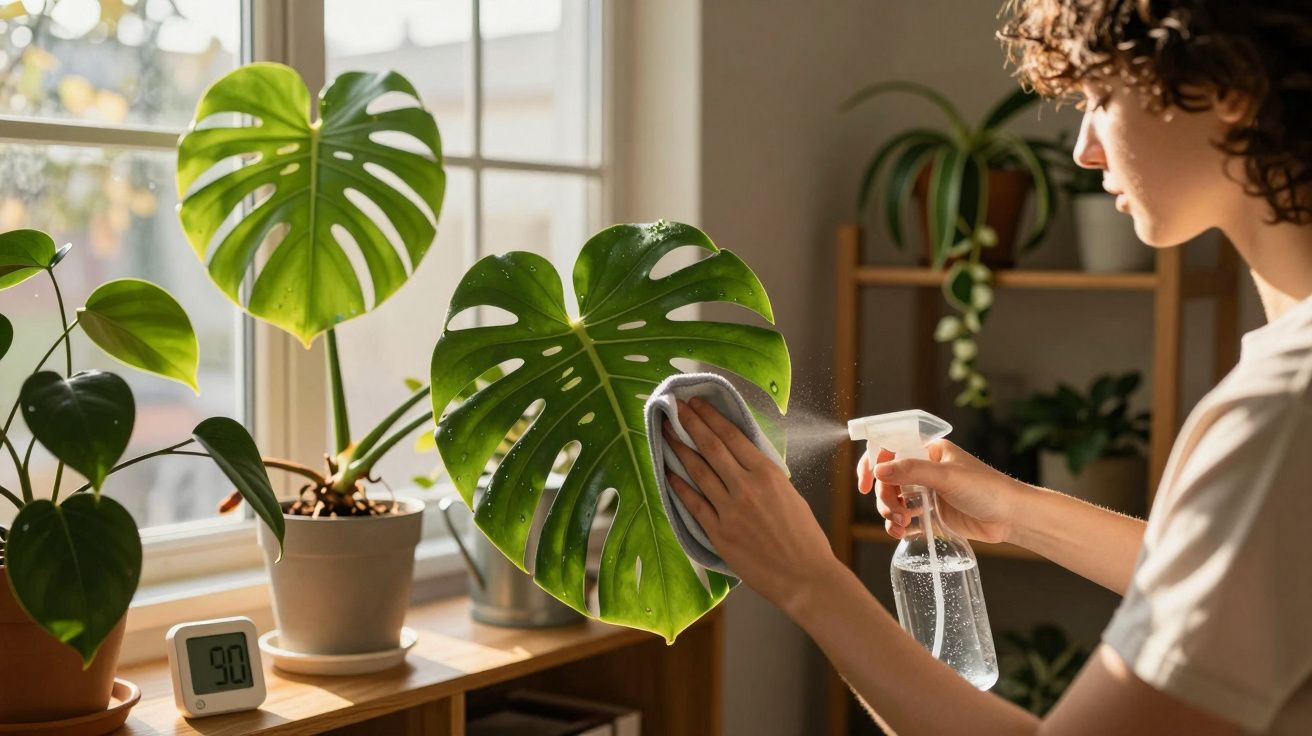 Personne nettoyant une grande feuille de monstera verte près d'une fenêtre lumineuse.