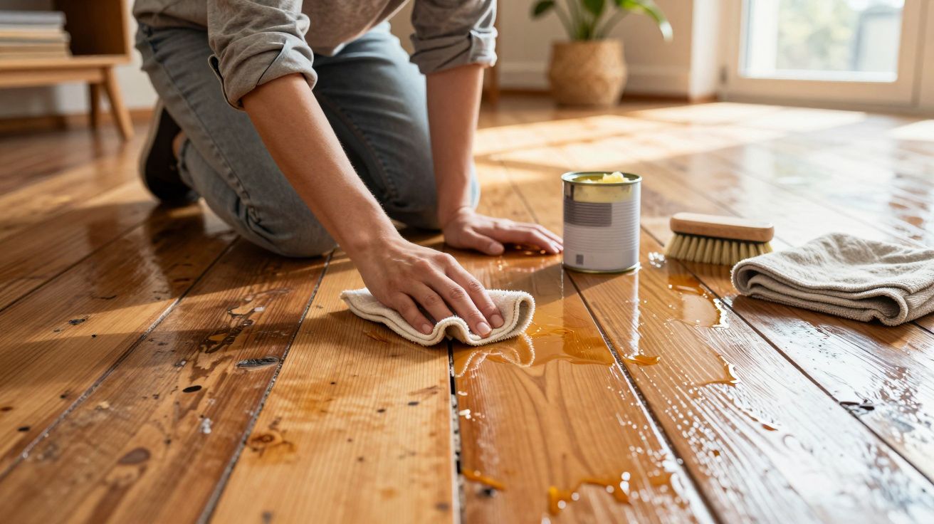 Personne nettoyant une fuite de liquide sur un parquet en bois avec un chiffon blanc.