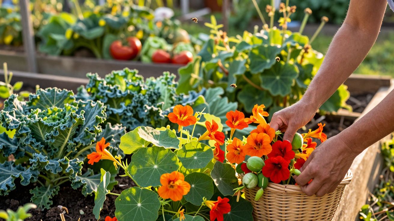 Une personne récolte des fleurs orange vif dans un panier au-dessus d'un potager ensoleillé.