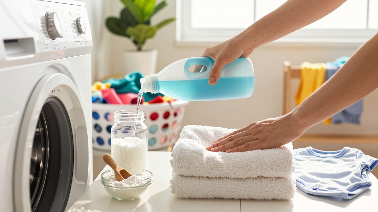 Personne versant du liquide de lessive sur des serviettes blanches pliées près d'une machine à laver.