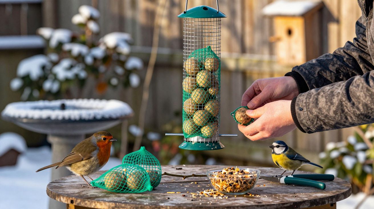 Deux oiseaux sur une table en bois avec des boules de graisse pour oiseaux en hiver, main humaine en train de les préparer.