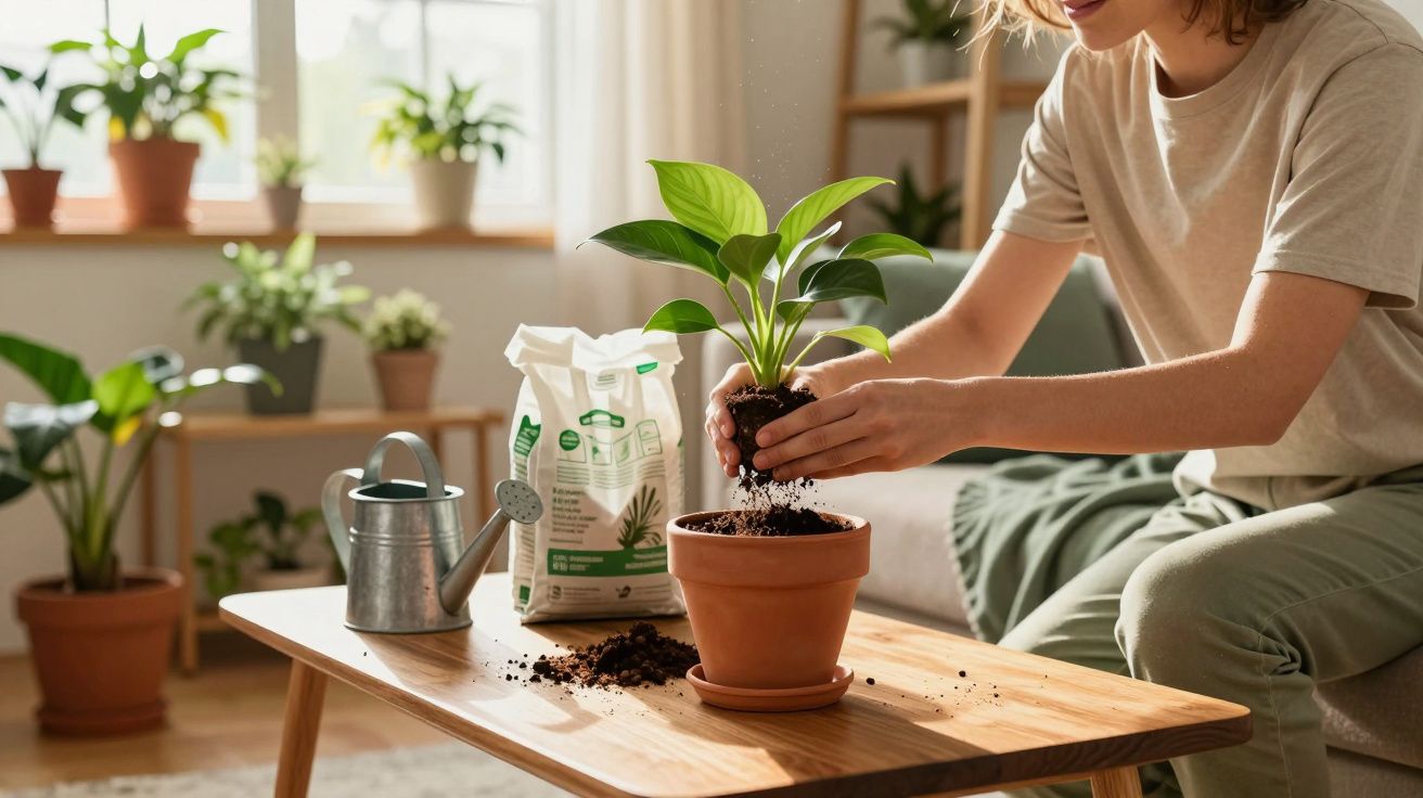 Personne rempotant une plante verte dans un pot en terre cuite sur une table en bois dans un intérieur lumineux.