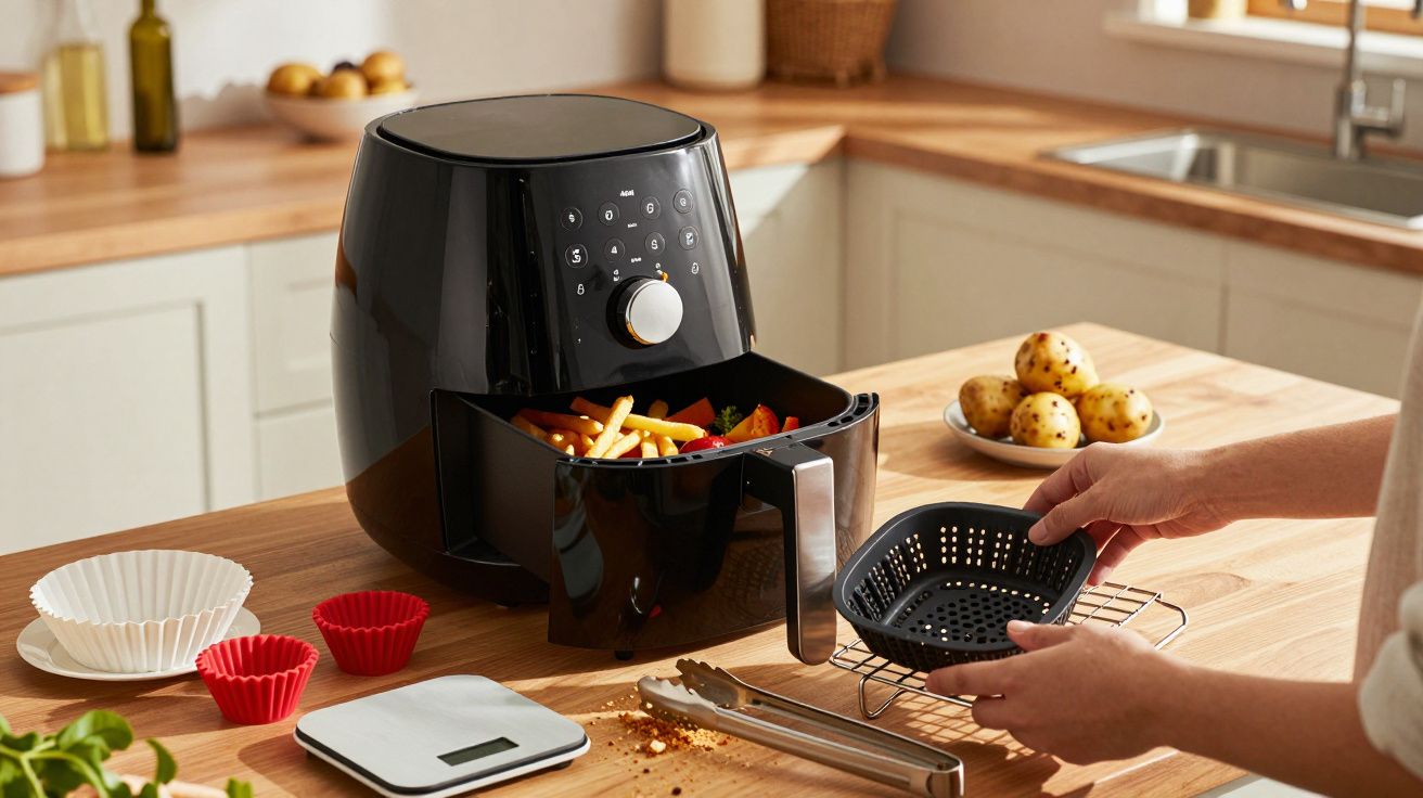 Friteuse électrique noire avec pommes de terre frites dans un cuisine moderne lumineuse.