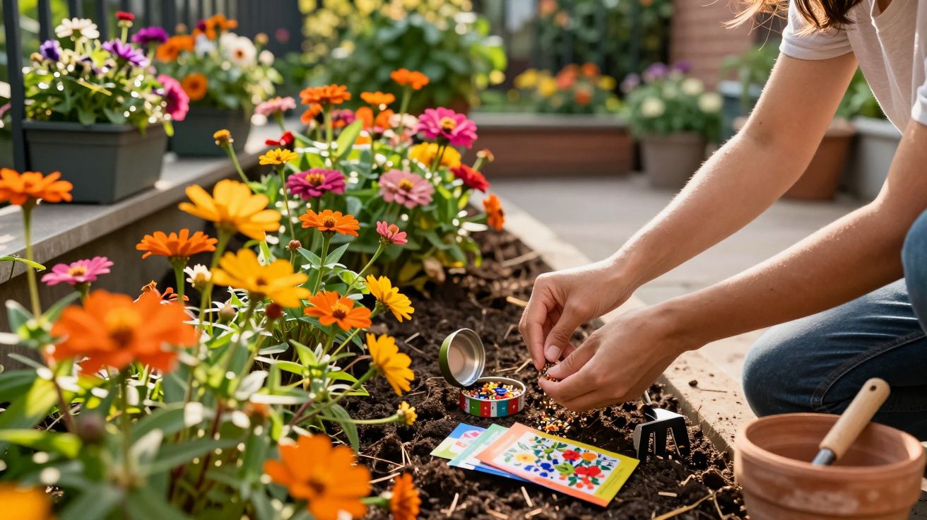 Une personne plante des graines dans un carré de terre entouré de fleurs colorées en plein jour.