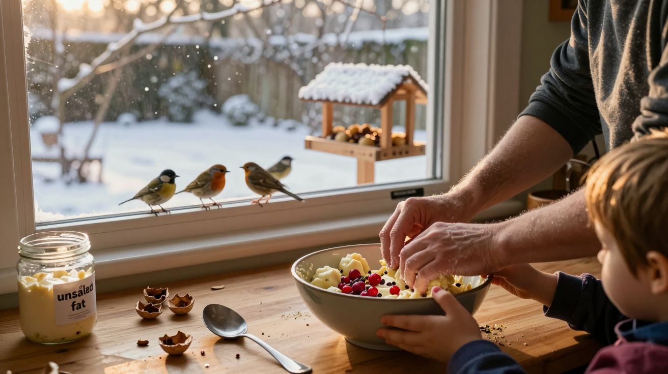 Un adulte et un enfant préparent un repas près d'une fenêtre avec quatre oiseaux posés au rebord d'une mangeoire enneigée.