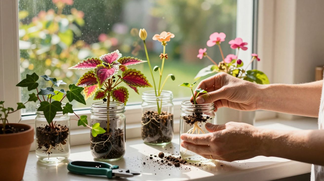Main repiquant une plante dans un bocal avec racines, autres plantes en pots et ciseaux sur un rebord de fenêtre lumineux.