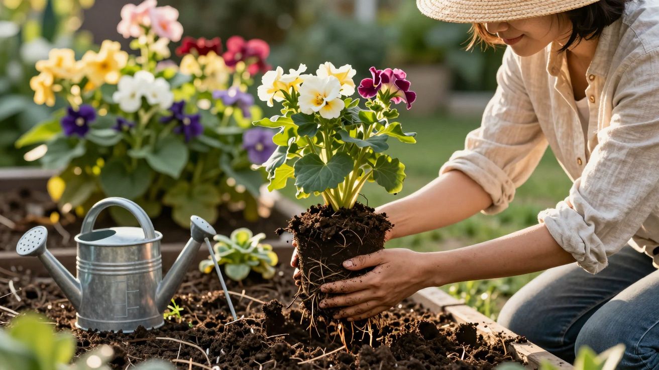 Personne plantant des fleurs colorées dans un jardin, arrosoir en métal posé à côté.
