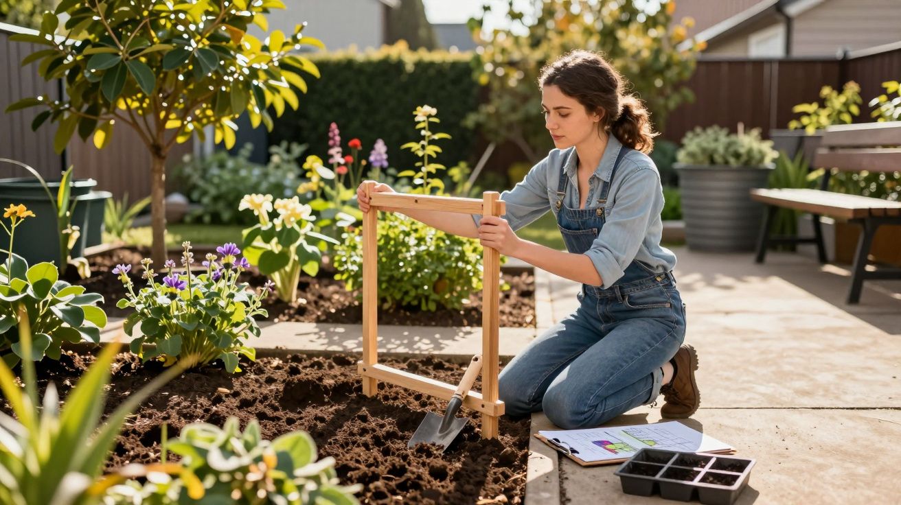 Femme en salopette jardinant avec un outil en bois dans un jardin fleuri sous le soleil.