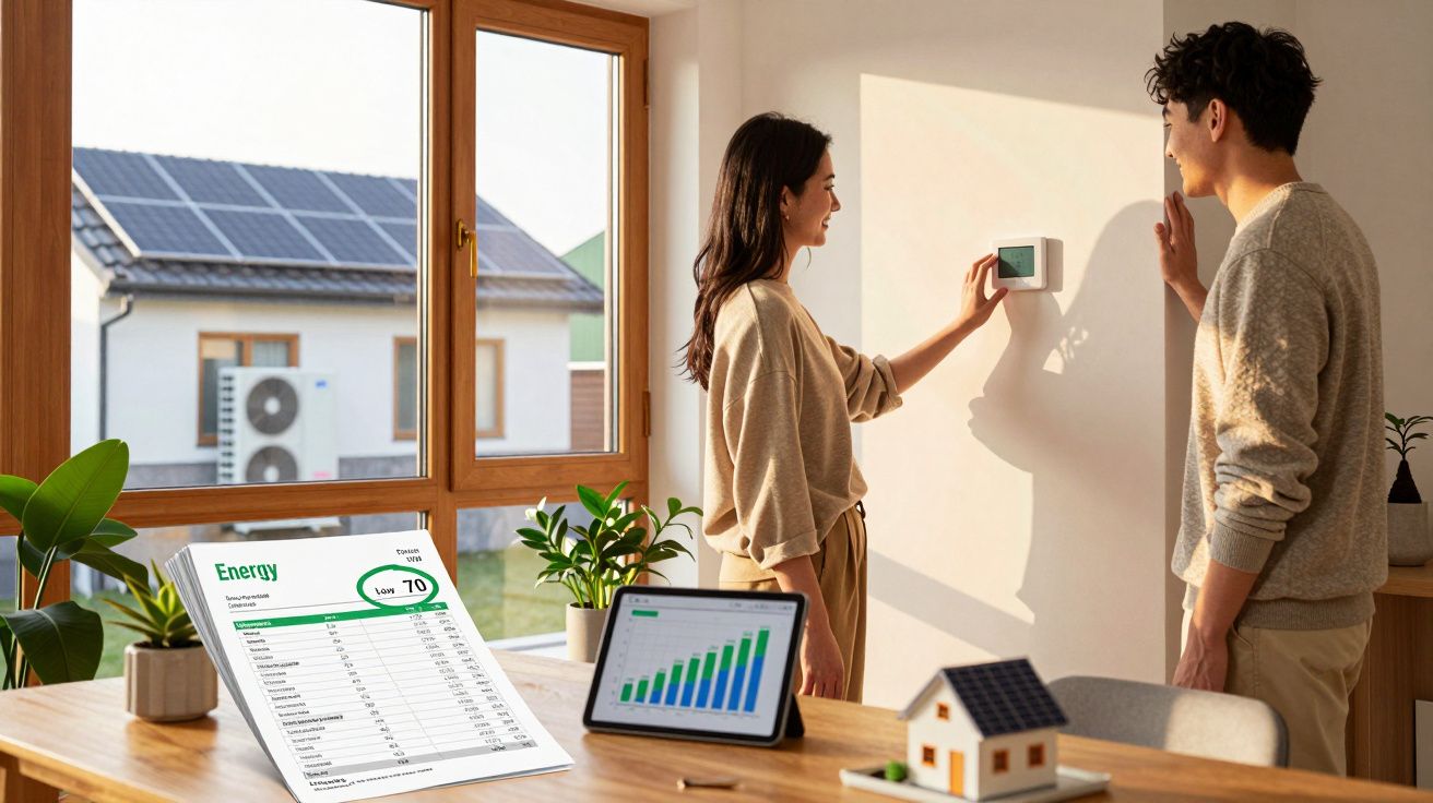 Couple ajustant un thermostat dans une maison lumineuse avec panneaux solaires visibles et rapports énergétiques sur table.