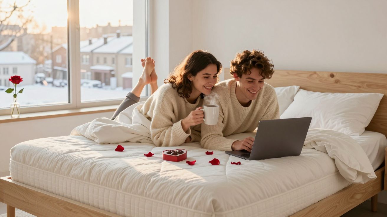 Jeune couple souriant allongé sur un lit avec ordinateur portable, café, chocolat et pétales de rose.