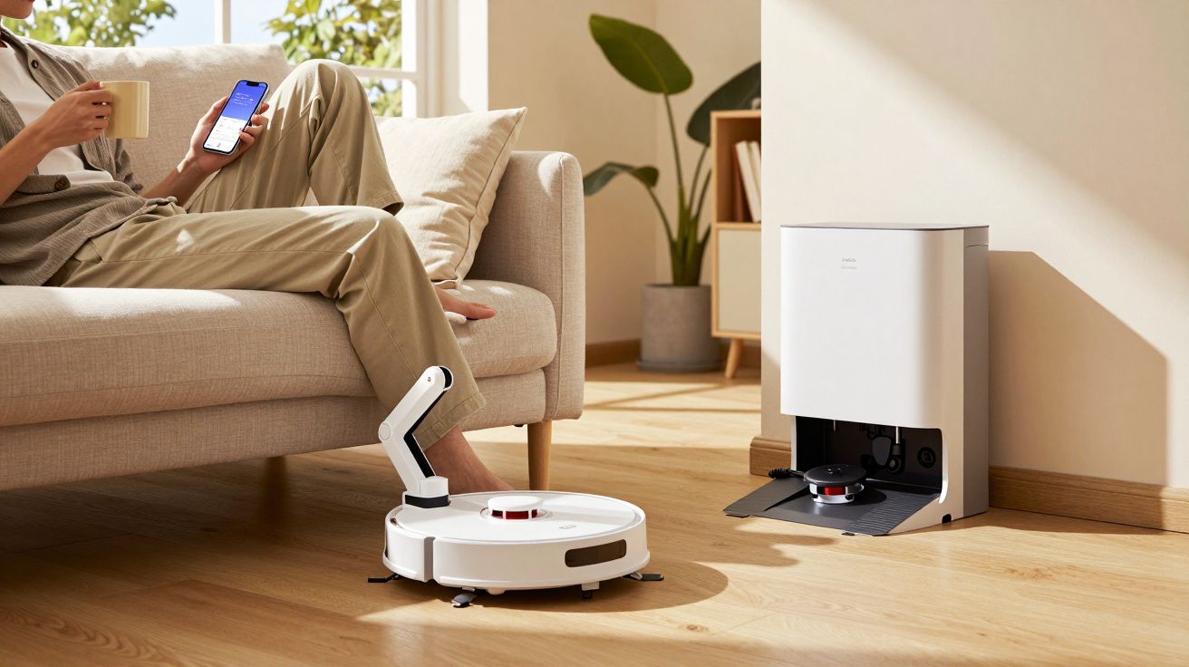 Personne assise sur canapé avec smartphone, robot aspirateur blanc en fonctionnement sur sol en bois clair près d'une station