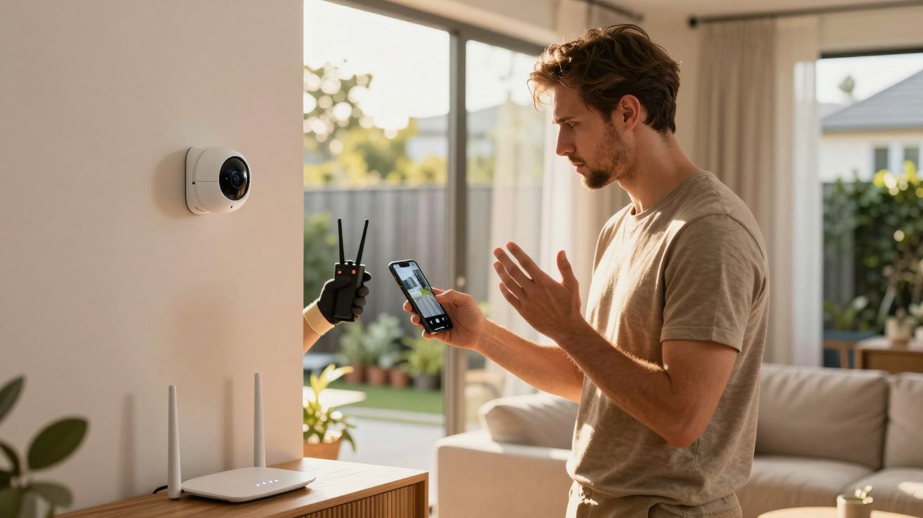 Homme utilisant un smartphone pour surveiller la caméra de sécurité intérieure au salon lumineux.