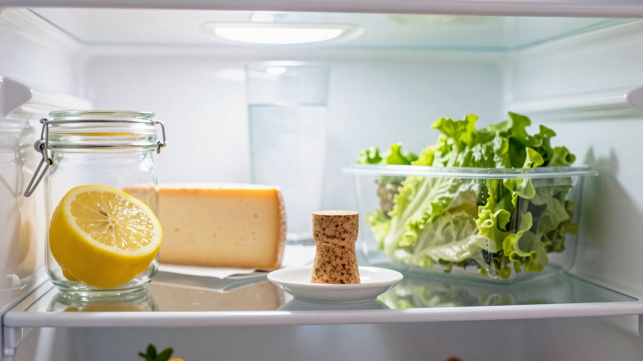 Intérieur d’un réfrigérateur avec citron en bocal, morceau de fromage, bouteille en verre et salade verte fraîche.