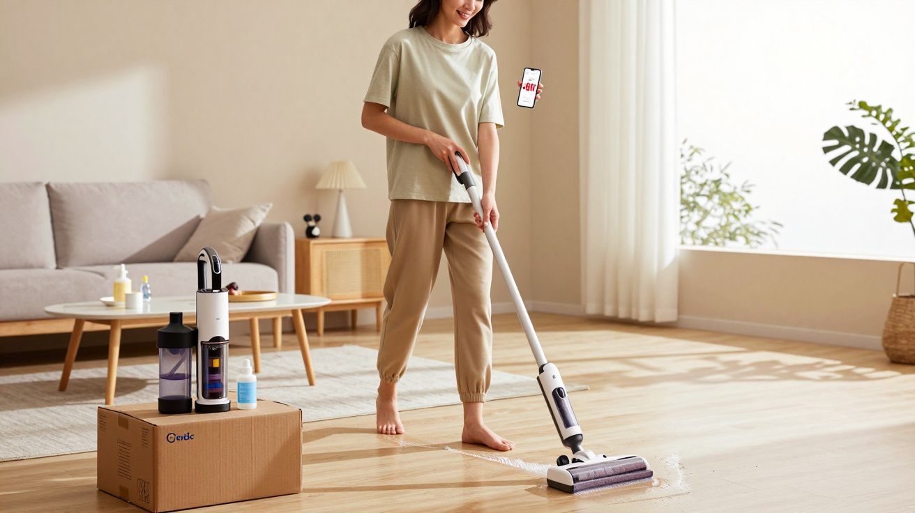 Jeune femme passant une serpillière électrique sur un sol en bois clair dans un salon lumineux.