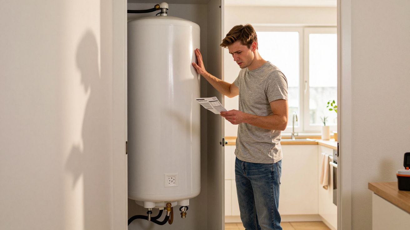 Jeune homme lisant un manuel à côté d'un chauffe-eau dans une cuisine lumineuse et moderne.