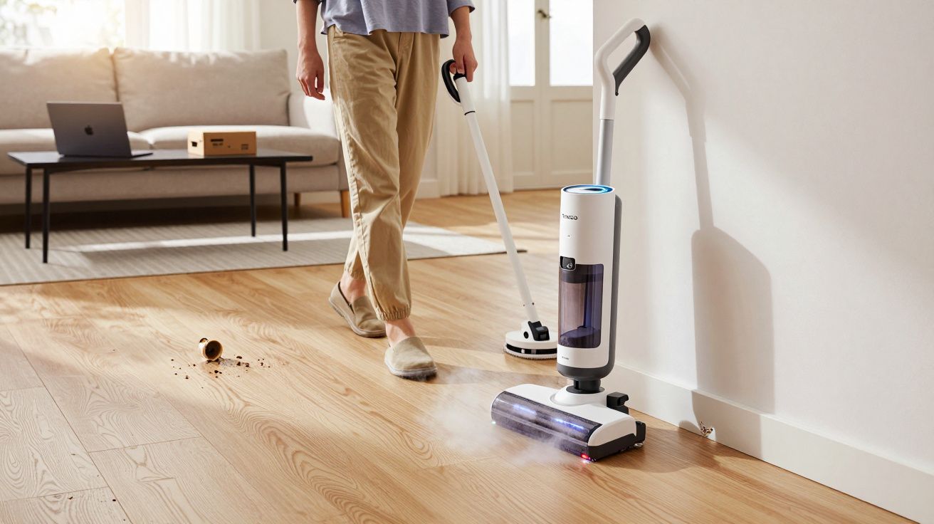 Personne passant un balai vapeur sur un sol en bois clair dans un salon lumineux.