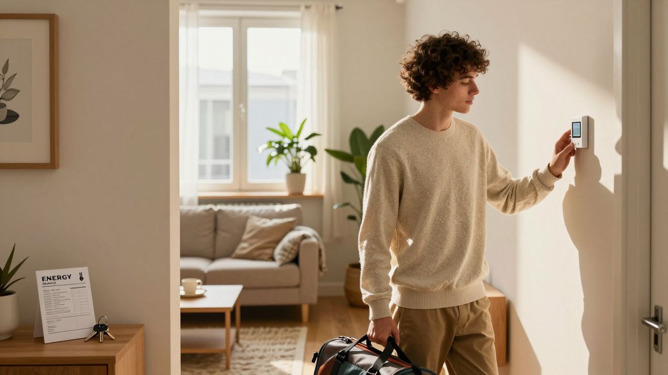 Jeune homme réglant le thermostat en entrant dans un salon lumineux avec sac de voyage à la main.