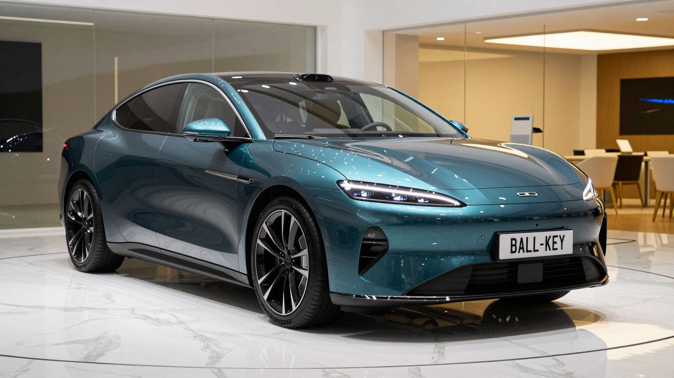 Voiture électrique berline bleu acier, design moderne, phares LED, exposée dans un showroom lumineux.