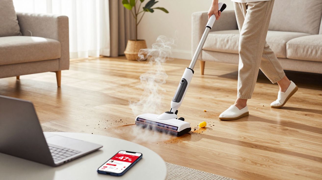 Personne aspirant à la vapeur un sol en bois dans un salon moderne avec canapé et plante verte.