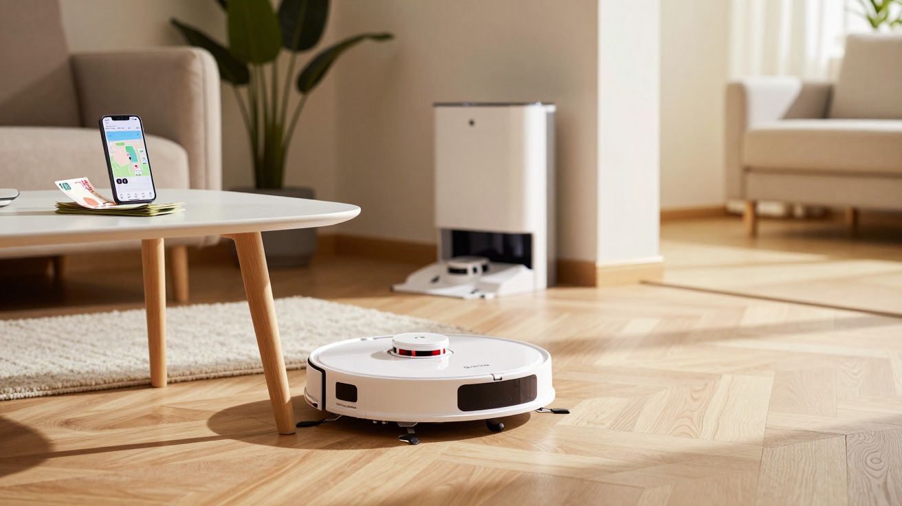 Robot aspirateur blanc nettoyant un sol en parquet clair dans un salon moderne lumineux.
