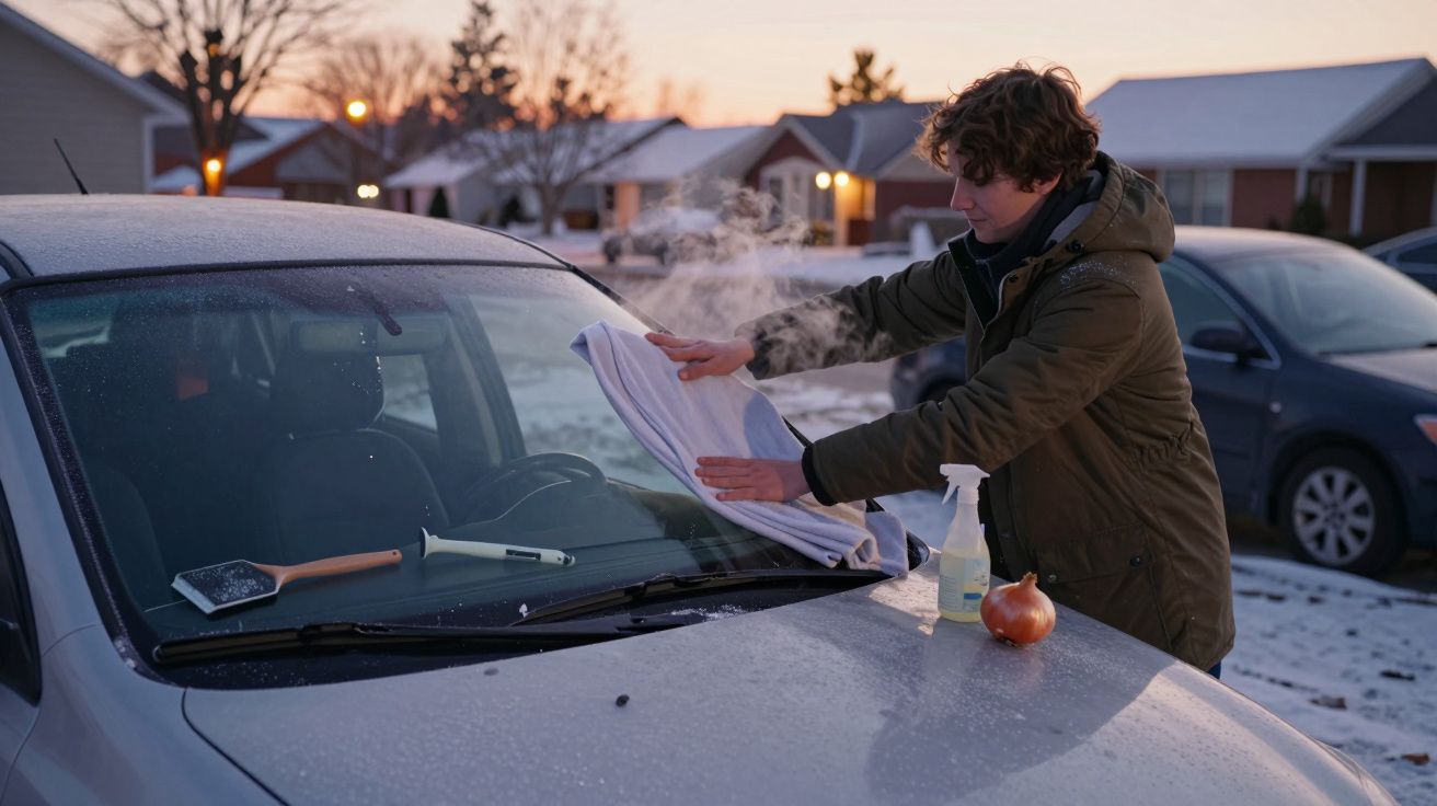 Un homme enlève la glace du pare-brise de sa voiture avec un chiffon en hiver au coucher du soleil.
