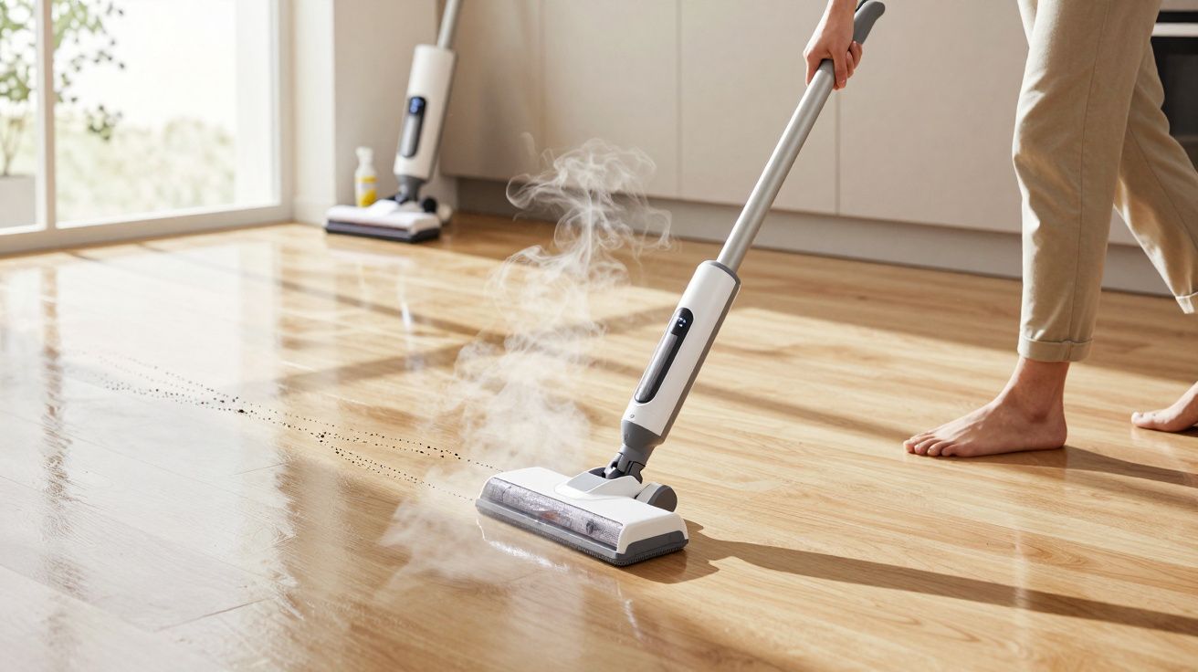 Personne nettoyant un sol en bois clair avec un balai vapeur moderne dans une pièce lumineuse.