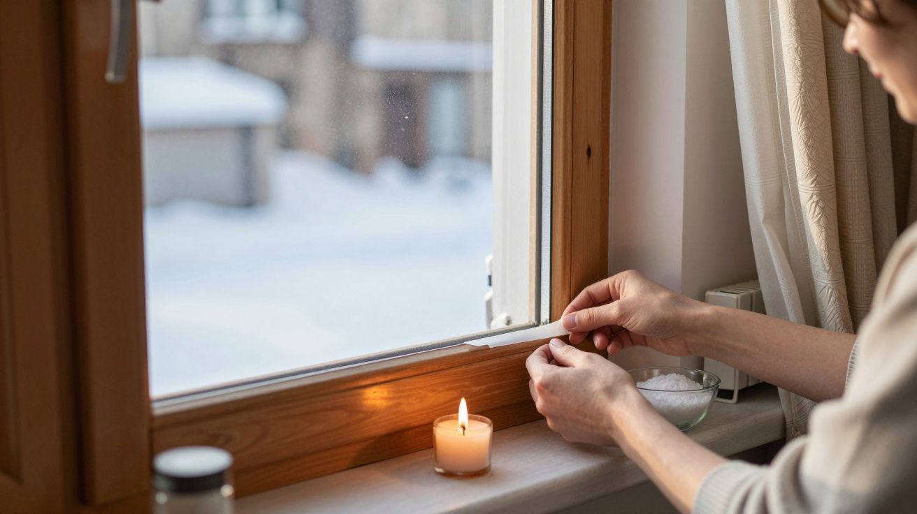 Personne posant un film isolant sur une fenêtre en bois avec une bougie allumée sur le rebord.