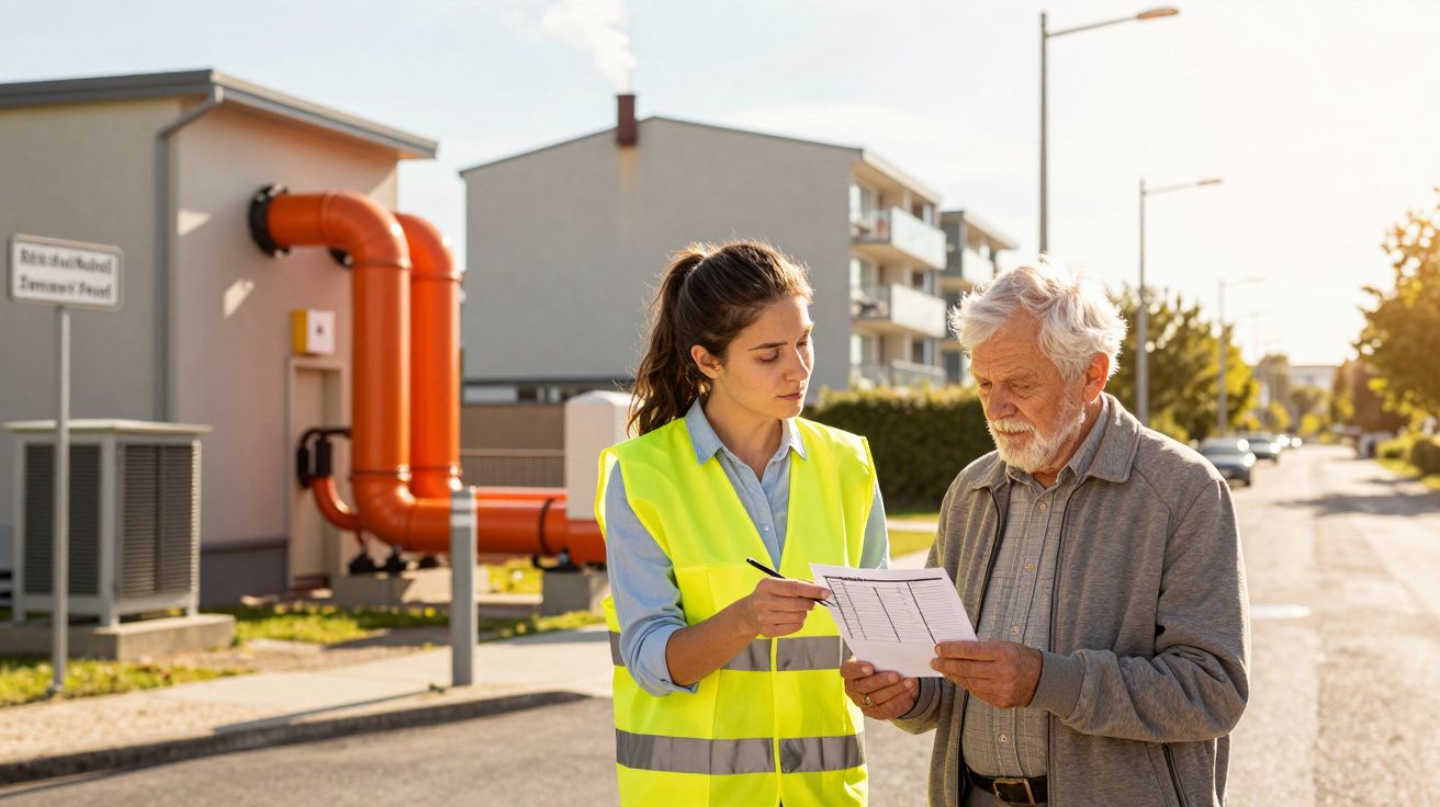 Une technicienne en gilet jaune expliquant un document à un homme âgé dans une rue résidentielle.