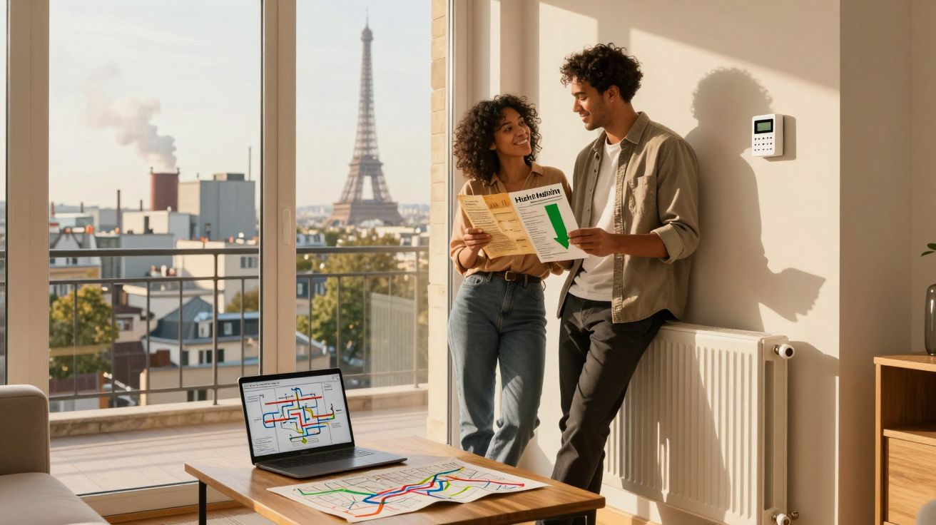 Couple discutant avec plan du métro, vue sur la Tour Eiffel depuis un appartement lumineux à Paris.