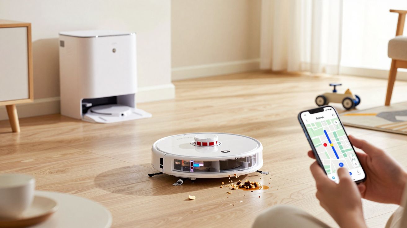 Robot aspirateur en train de nettoyer des miettes sur un sol en bois, contrôlé via une application mobile.