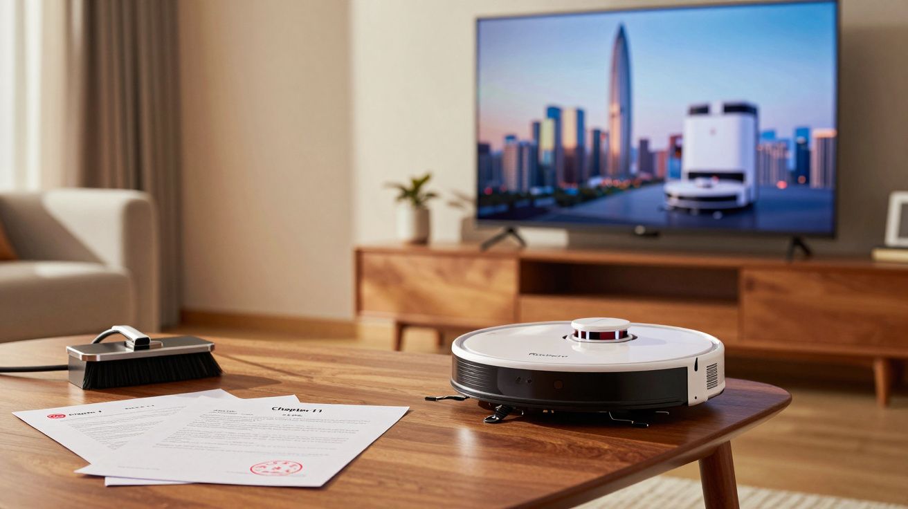 Robot aspirateur blanc sur une table en bois avec téléviseur et documents dans un salon moderne.