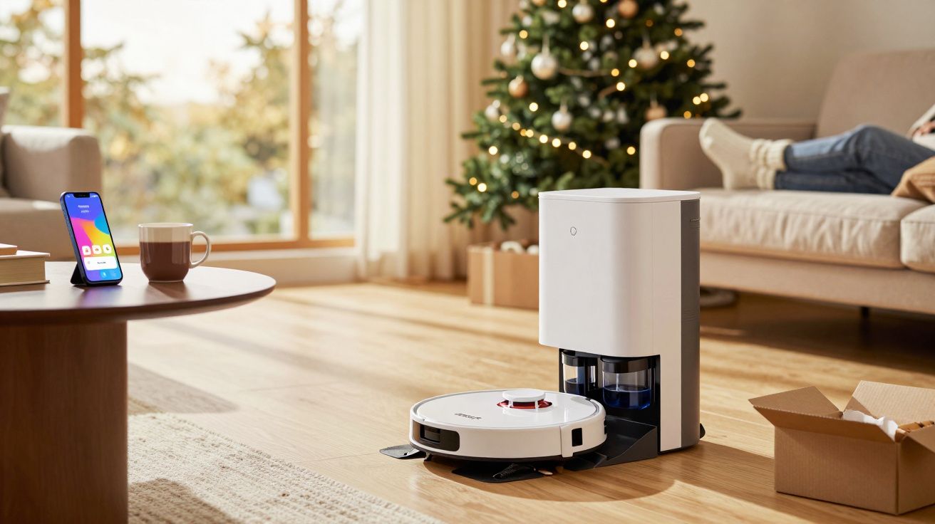 Robot aspirateur blanc en charge dans un salon avec un sapin de Noël décoré en arrière-plan.