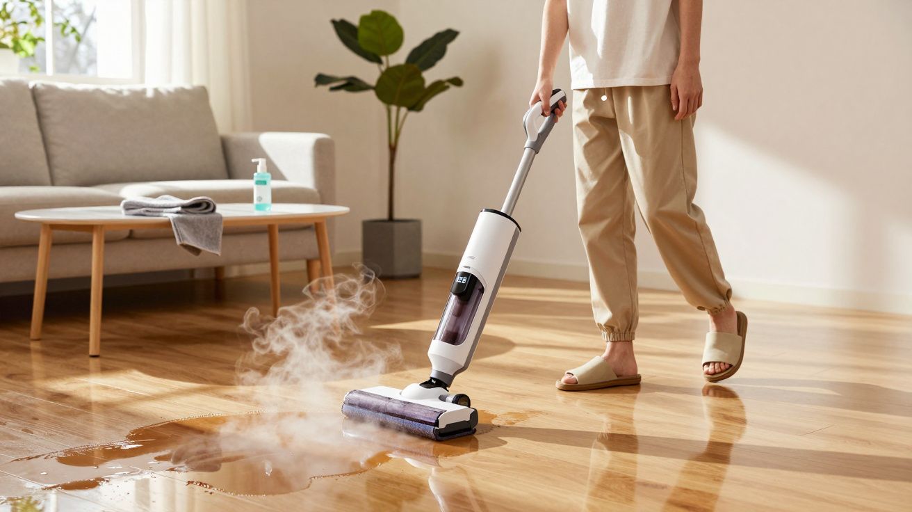 Personne nettoyant un sol en bois avec un aspirateur vapeur dans un salon lumineux.