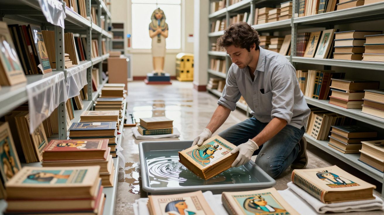 Homme en gants restauratrice un vieux manuscrit égyptien dans une bibliothèque inondée.