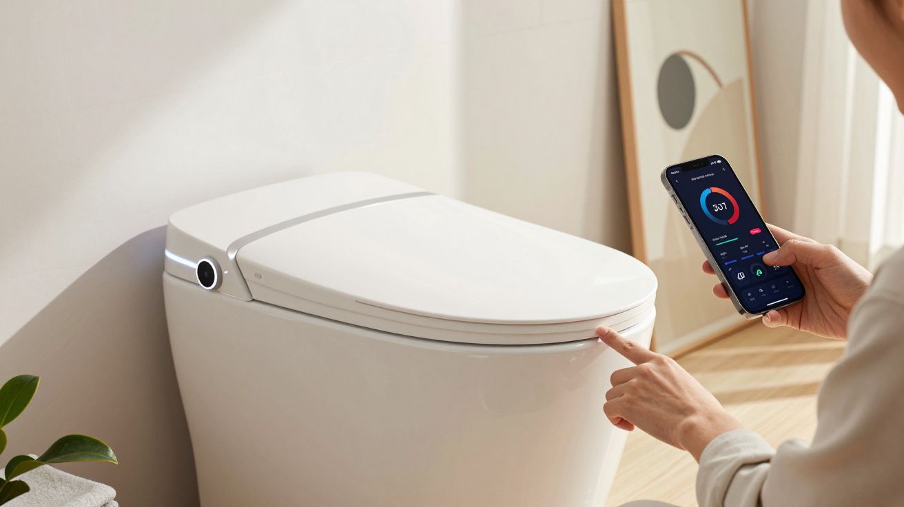 Toilette intelligente blanche avec contrôle via smartphone dans une salle de bain moderne.